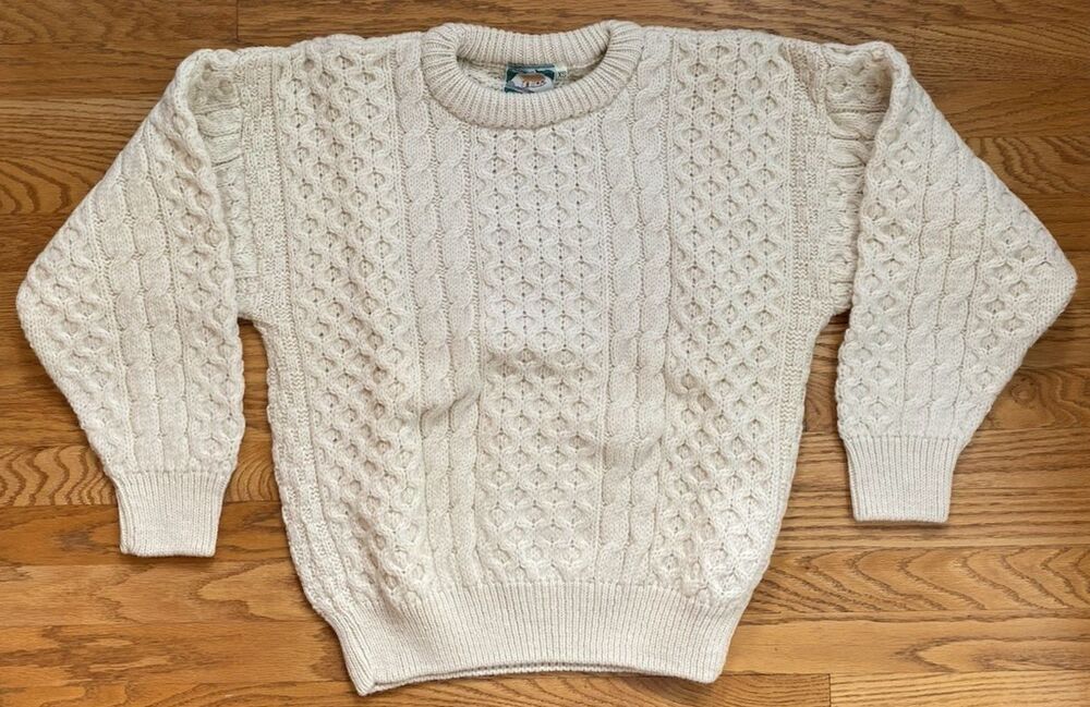 Vintage Gaeltarra Irish Ivory Cable Knit Fisherman Wool Sweater XS Ireland